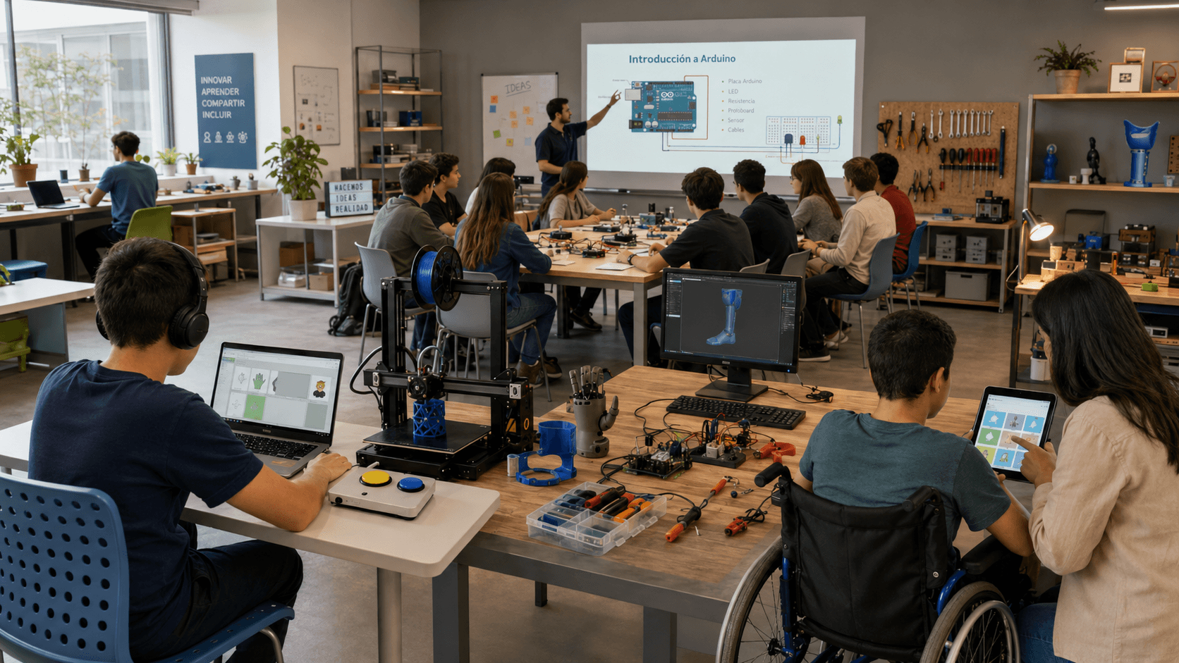 Ambiente de formação do DAVI Capacita com sala de aula, oficina maker, treinamento em eletrônica, fabricação digital e tecnologia assistiva