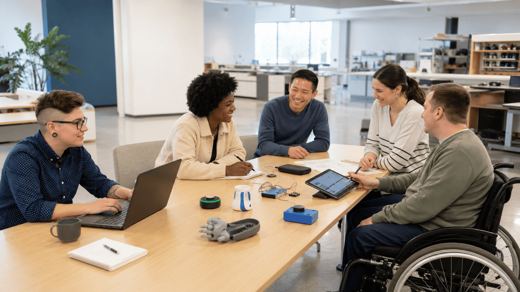 Grupo diverso de colaboradores do DAVI reunido em torno de uma mesa em um laboratório: pessoas de diferentes idades, etnias e uma pessoa em cadeira de rodas conversam enquanto usam notebook, tablet e dispositivos assistivos como botões adaptados, placas eletrônicas e uma prótese de mão.