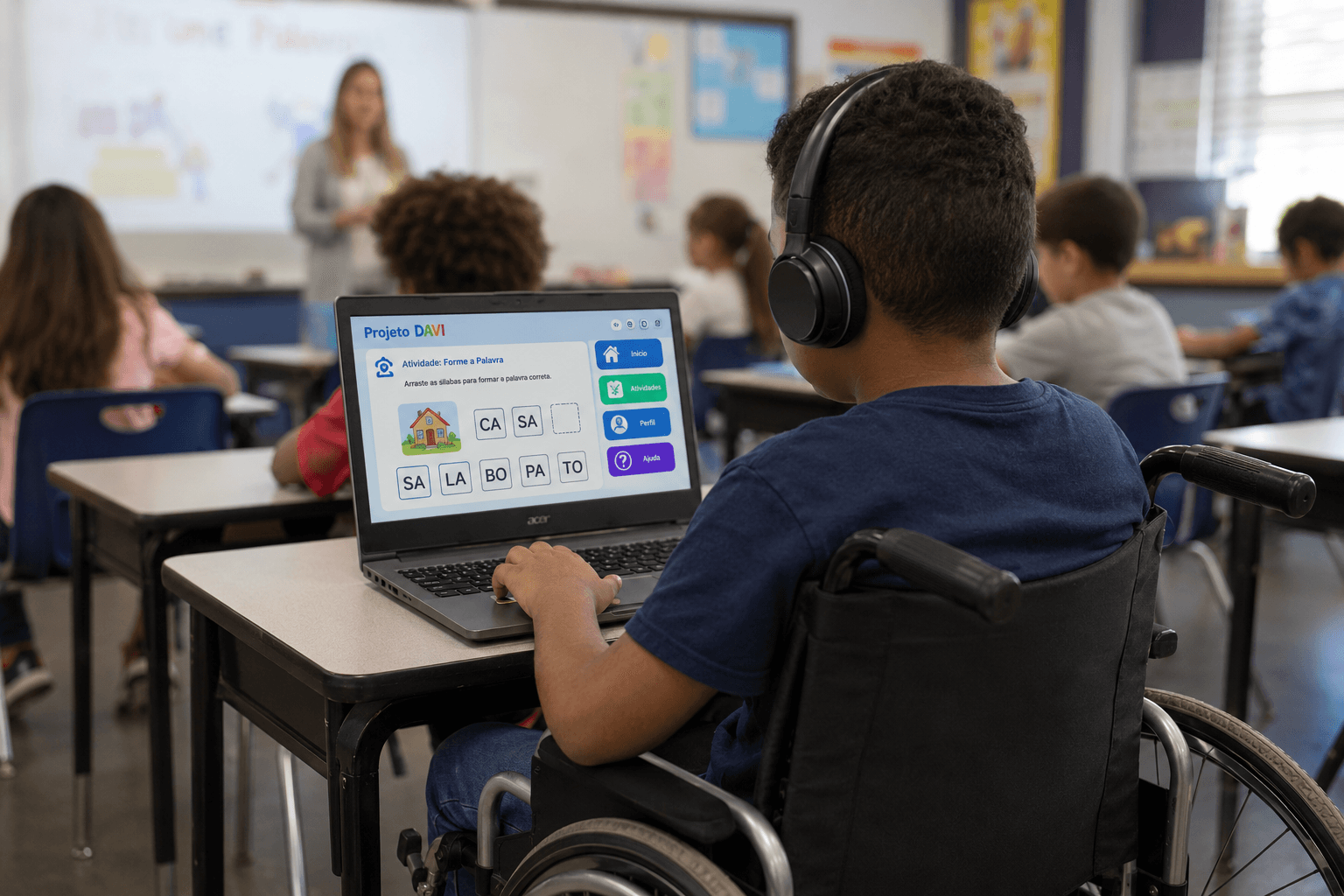 Aluno utilizando o Projeto DAVI em sala de aula com apoio de recursos digitais acessíveis