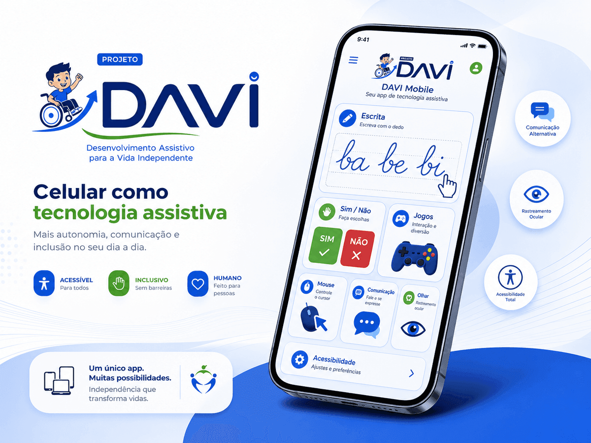 Celular apresentando escrita, comunicação, respostas Sim e Não, jogos, mouse e recursos de acessibilidade do Projeto DAVI