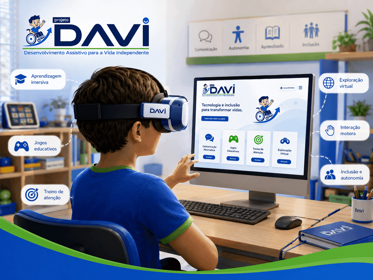 Pessoa usando óculos imersivos em uma atividade educativa acessível do Projeto DAVI