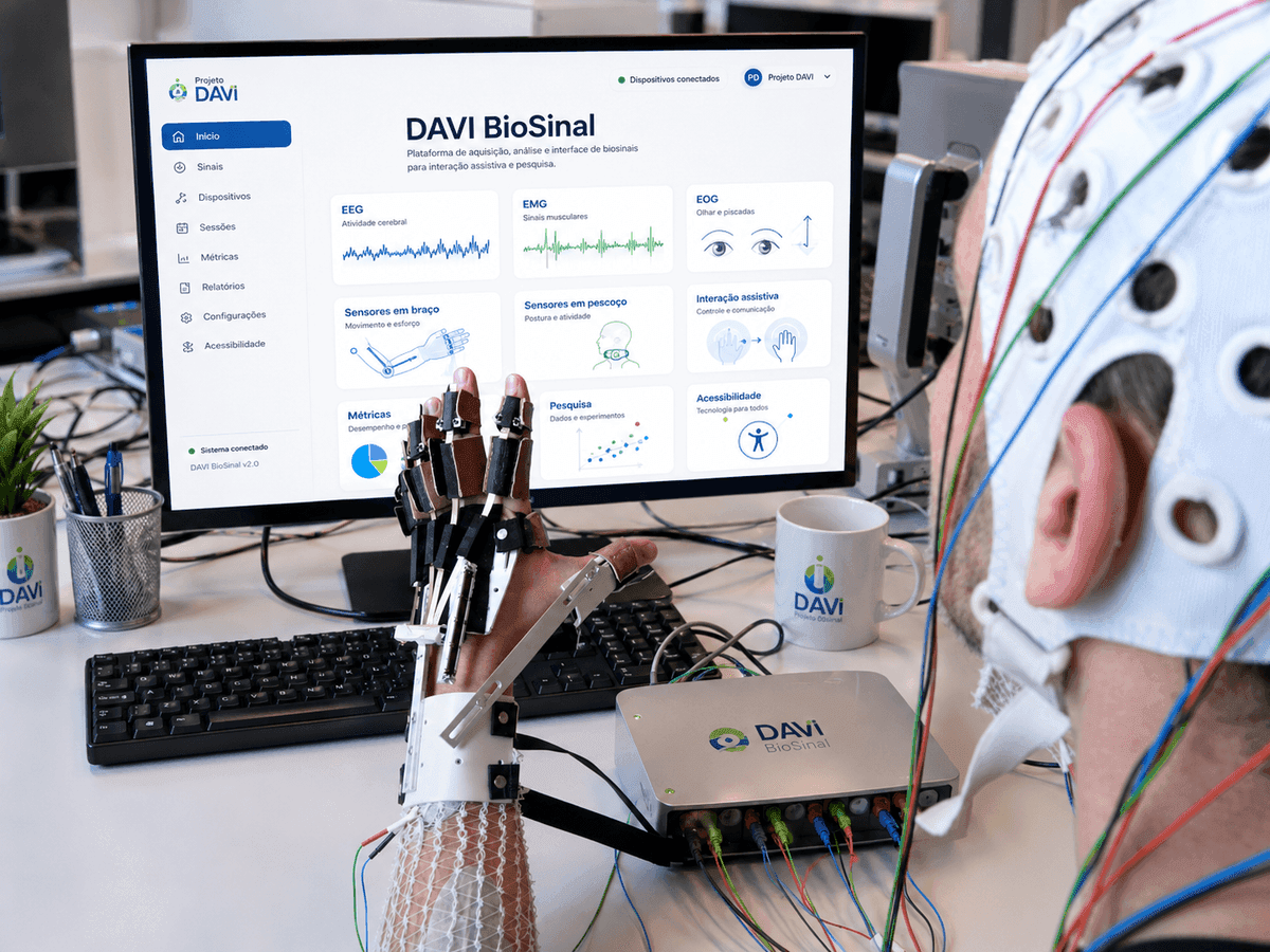 Pessoa utilizando recursos do Projeto DAVI com sinais assistivos e tecnologia acessível
