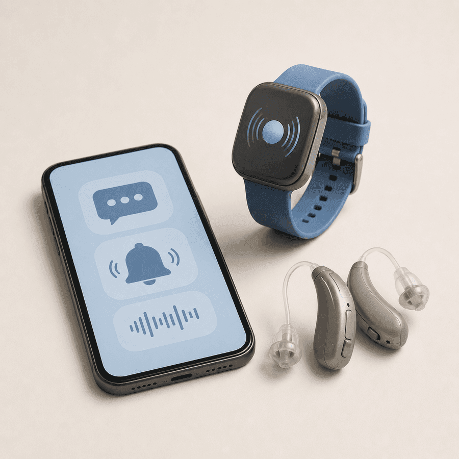 Aparelhos auditivos, pulseira de alerta vibratório e celular com ícones de notificação sonora.