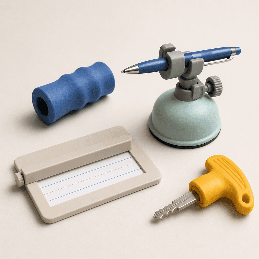 Acessórios ergonômicos para escrita, incluindo engrossador de lápis, guia de escrita, suporte de caneta e adaptador de chave.
