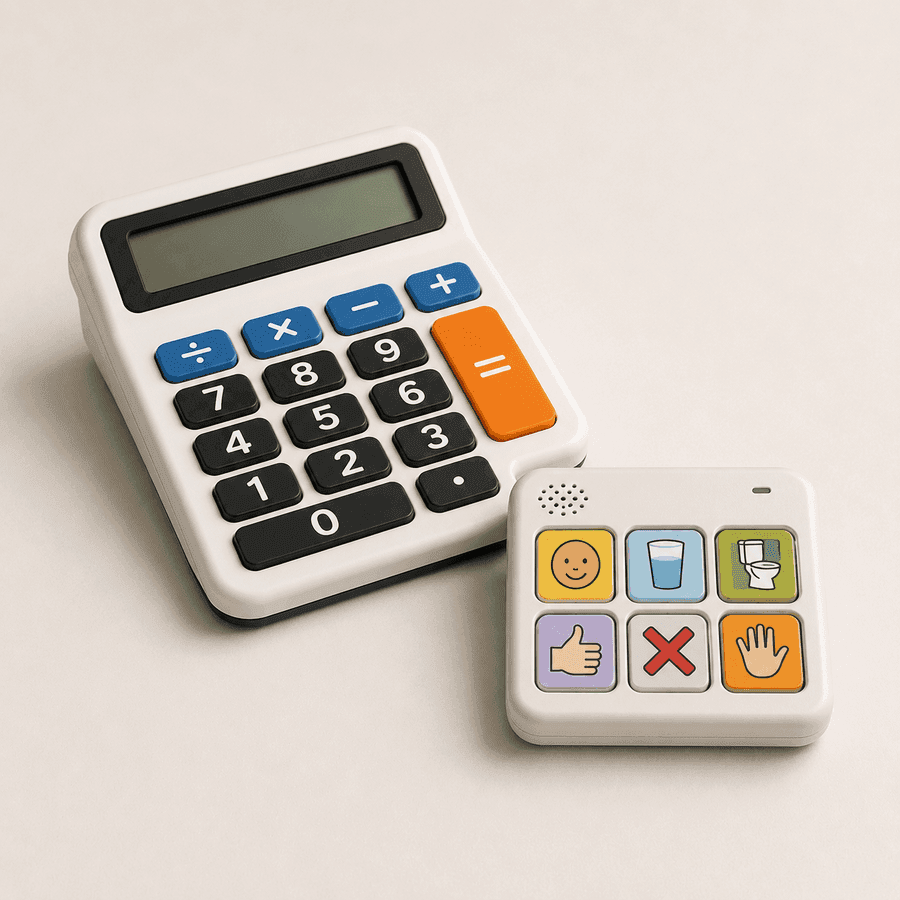 Calculadora adaptada com botões grandes e comunicador simples com símbolos de necessidades básicas.