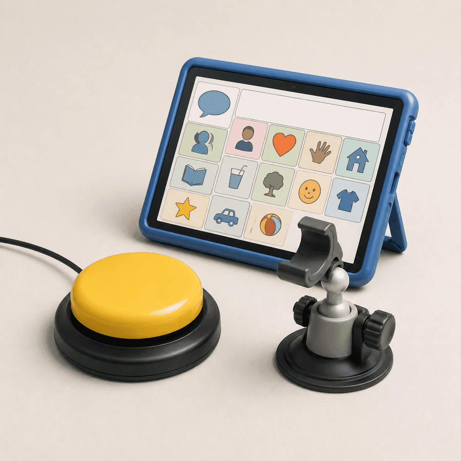 Tablet com prancha de comunicação alternativa, botão acionador grande e suporte ajustável.
