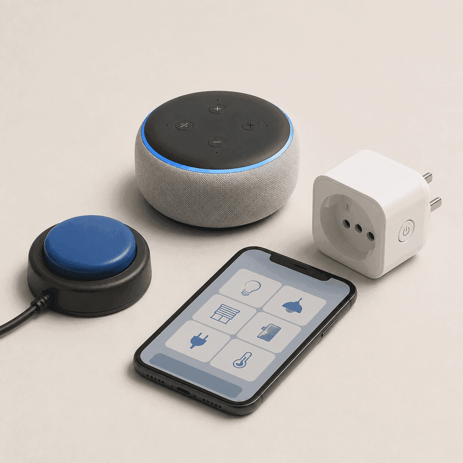 Dispositivos de controle de ambiente, incluindo botão adaptado, assistente de voz, tomada inteligente e celular.