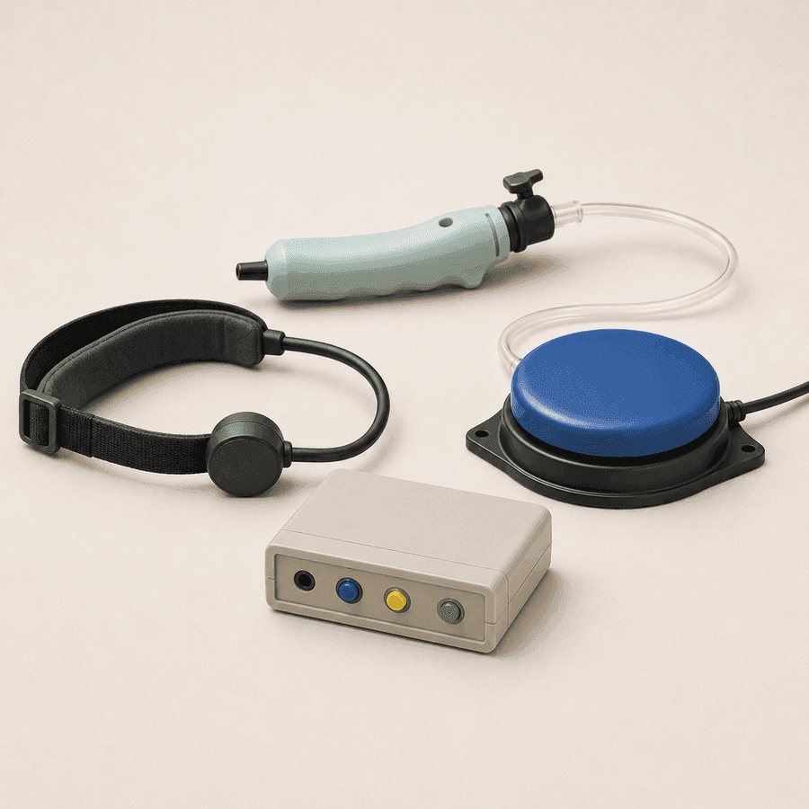 Interface assistiva com botão grande, sensor de sopro, sensor de cabeça e caixa de controle.