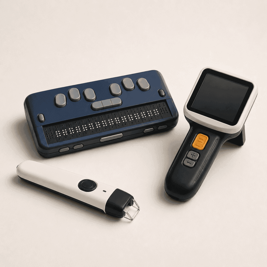Dispositivos de leitura assistiva, incluindo display braille, lupa digital e caneta leitora.