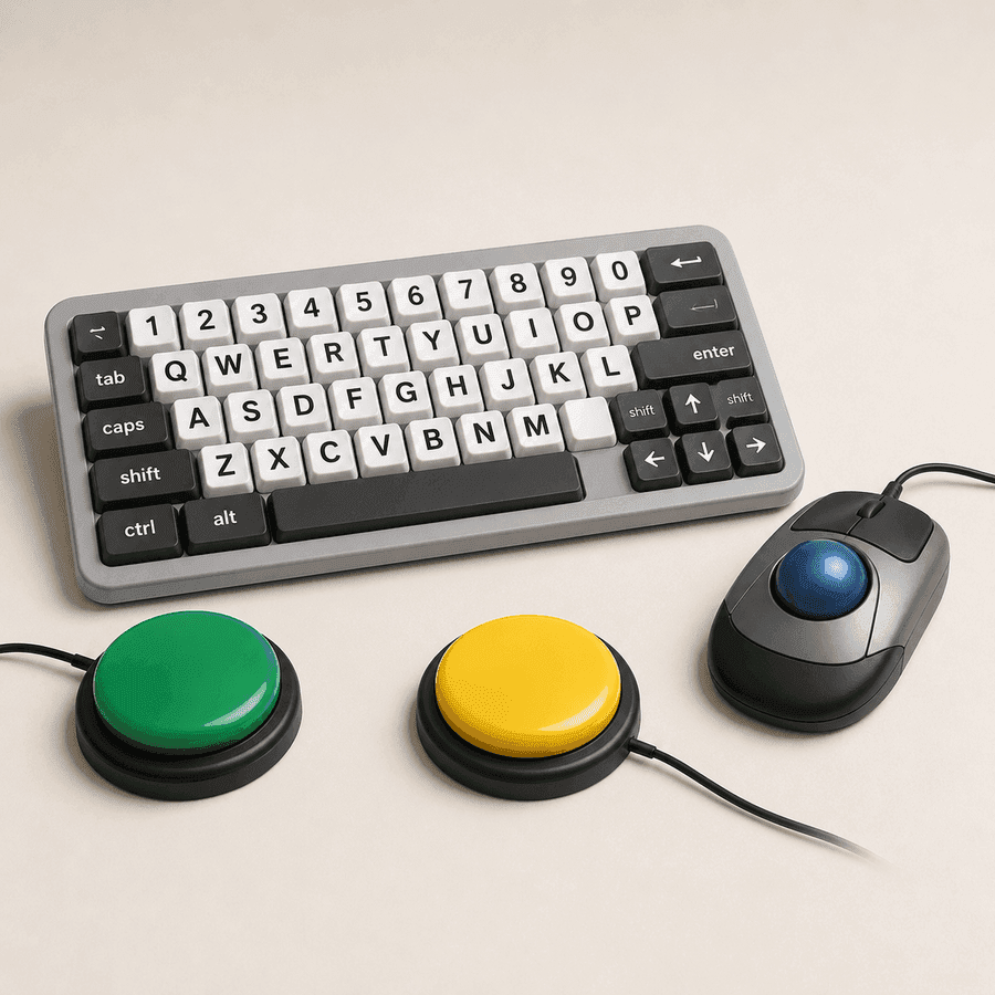 Teclado ampliado, trackball e botões acionadores para acesso ao computador.