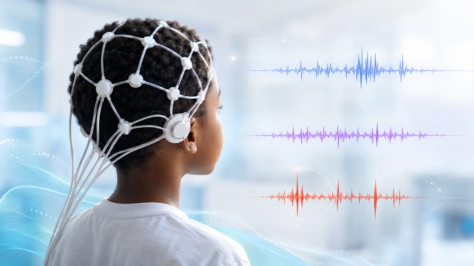 Criança usando uma touca de eletrodos de eletroencefalografia (EEG), com três traçados de ondas cerebrais (azul, roxo e vermelho) ao lado, em ambiente clínico
